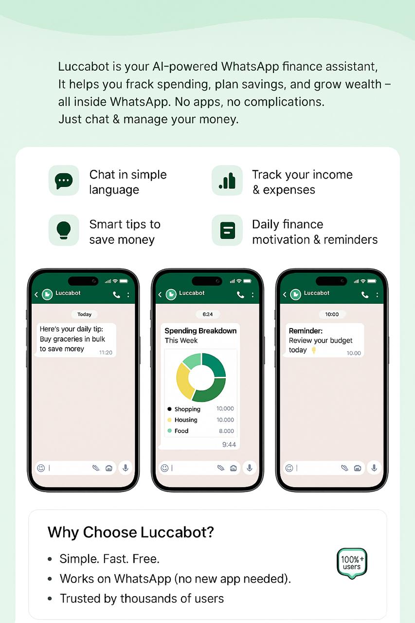 Examples of chat tips, spending breakdown, and reminders inside WhatsApp